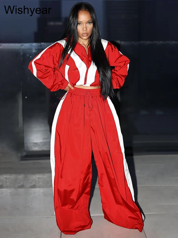 Módna pruhovaná patchwork Ženy 2 kusové nohavice so širokými nohami a bunda s dlhým rukávom zipsové vrcholy voľných odevov Streetwear tracksuit