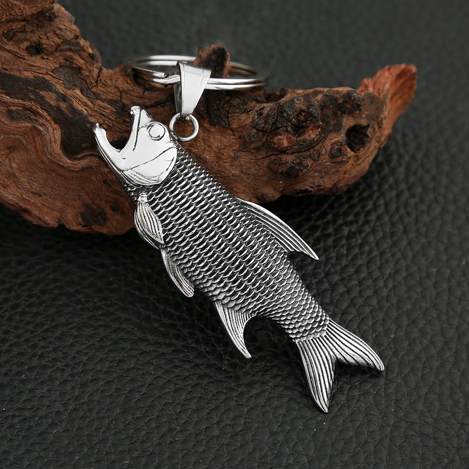 Módna punk rýb Keychain z nehrdzavejúcej ocele strieborná farba starožitné kovové spona kľúča kľúča kľúča Kľúčové doplnky kúzlo šperky veľkoobchod