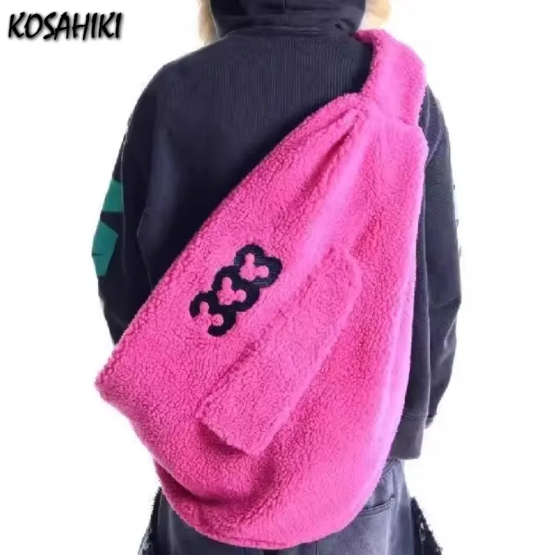 Módna sladká y2k estetická výšivka kabelky Ženy Vintage Fluffy Packet Kórejsko všetko zápas s ramenami krížovky trendy