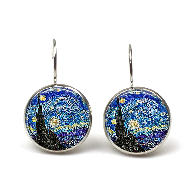 Módna strieborná farba Jednoduchý štýl vyčistenia Van Gogh slávny umelec Starry Night Dangle náušnice sklo Cabochon šperky darčeky