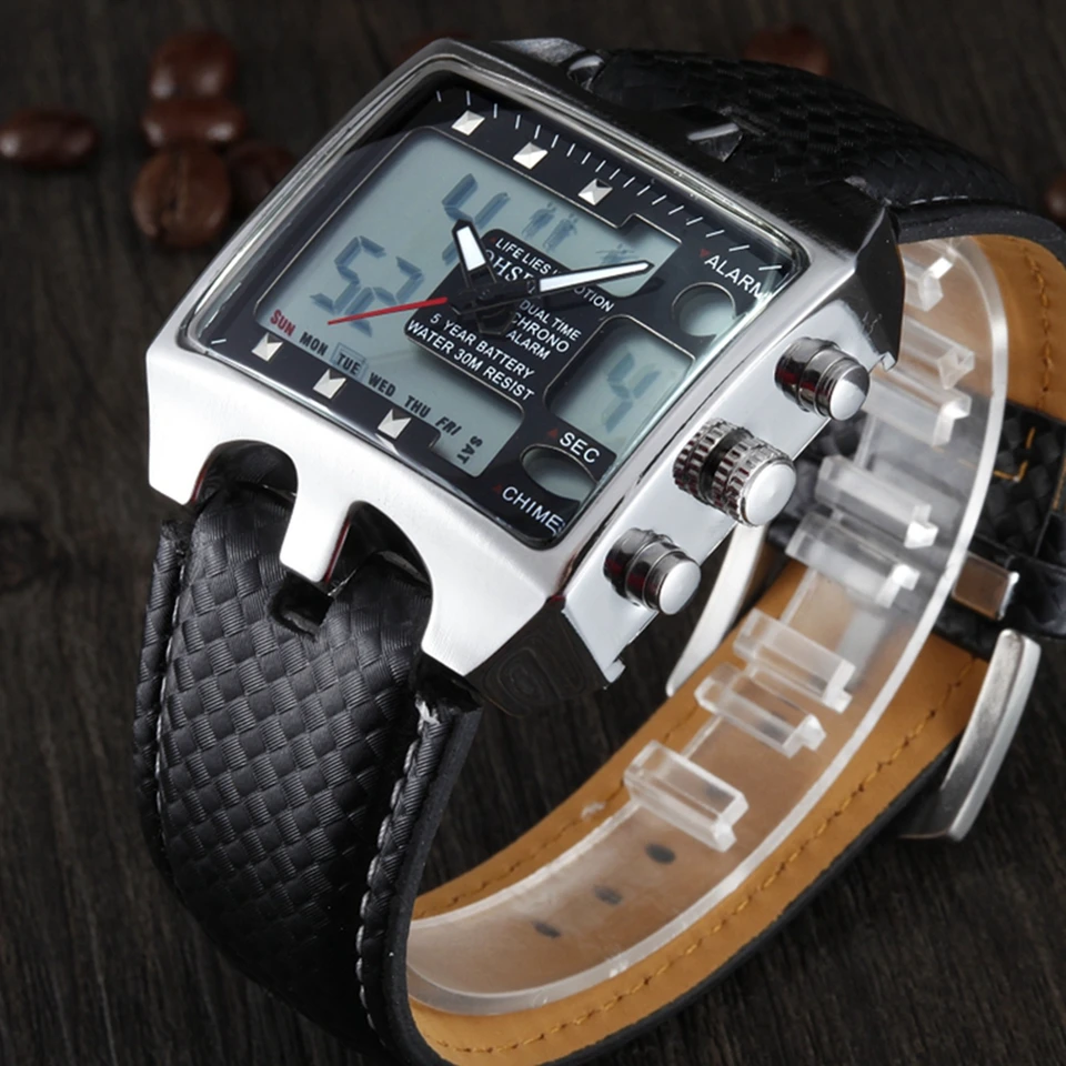 Módna vonkajšia športová Quartz Watch for Men Nepremokavá čierna vojenská digitálna pánske hodinky kožené remienky Clock Relogio Masculino
