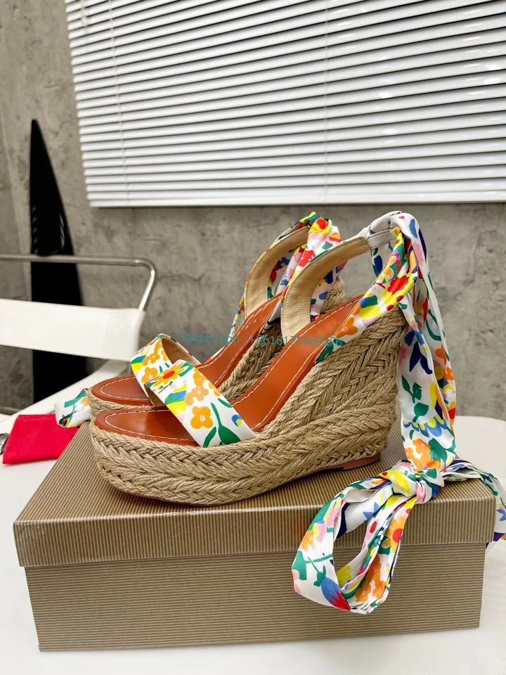 Módna väzba kliny espadrille hodvábna kravata s stkanou sandále Platform členok kvetinové sandále Lady luxusné pranéckback topánky