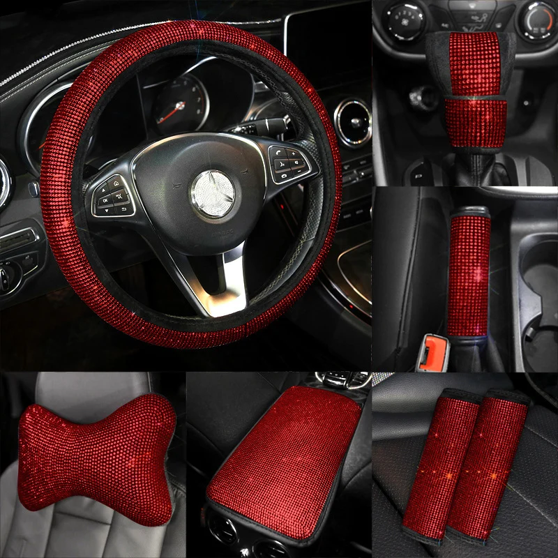 Módna červená diamantová kamienok automobil Interiérové ​​príslušenstvo séria Crystal Auto volant pokrýva bling dekor pre ženy dievčatá