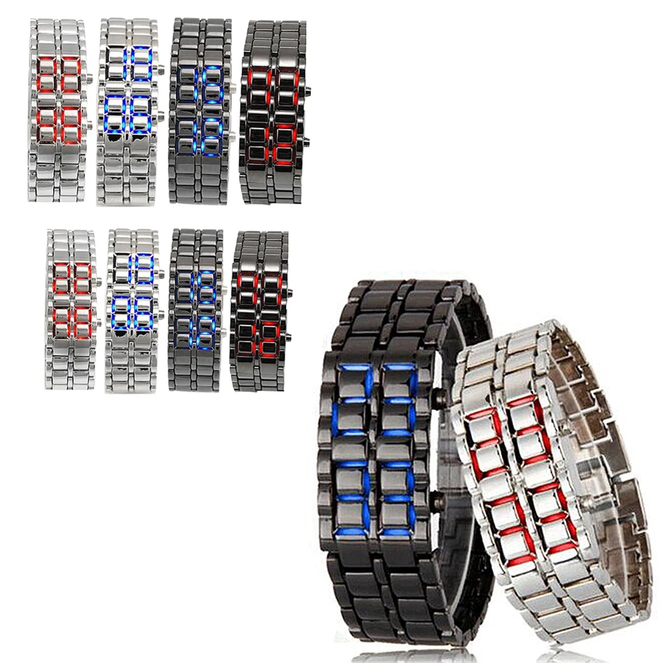 Módna čierna celá kovová digitálna láva zápästie Watch Men Red/Blue LED Display Pánske hodinky Darčeky pre mužské chlapce športové kreatívne hodiny