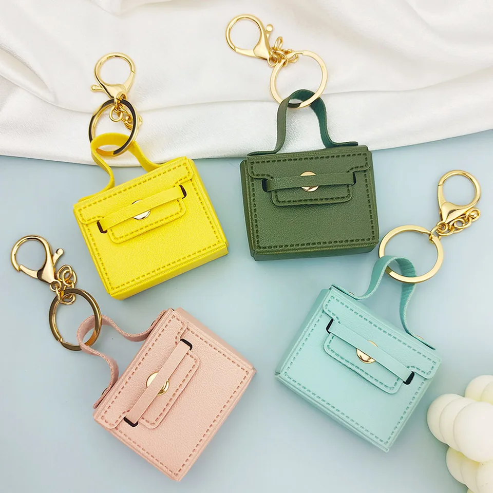 Módna štvorcová kabelka Keychain Pu Leather Coin Capere Keyring Cute AirPods Telefón Pase Pendant Bag Charms pre ženy dievčatá šperky