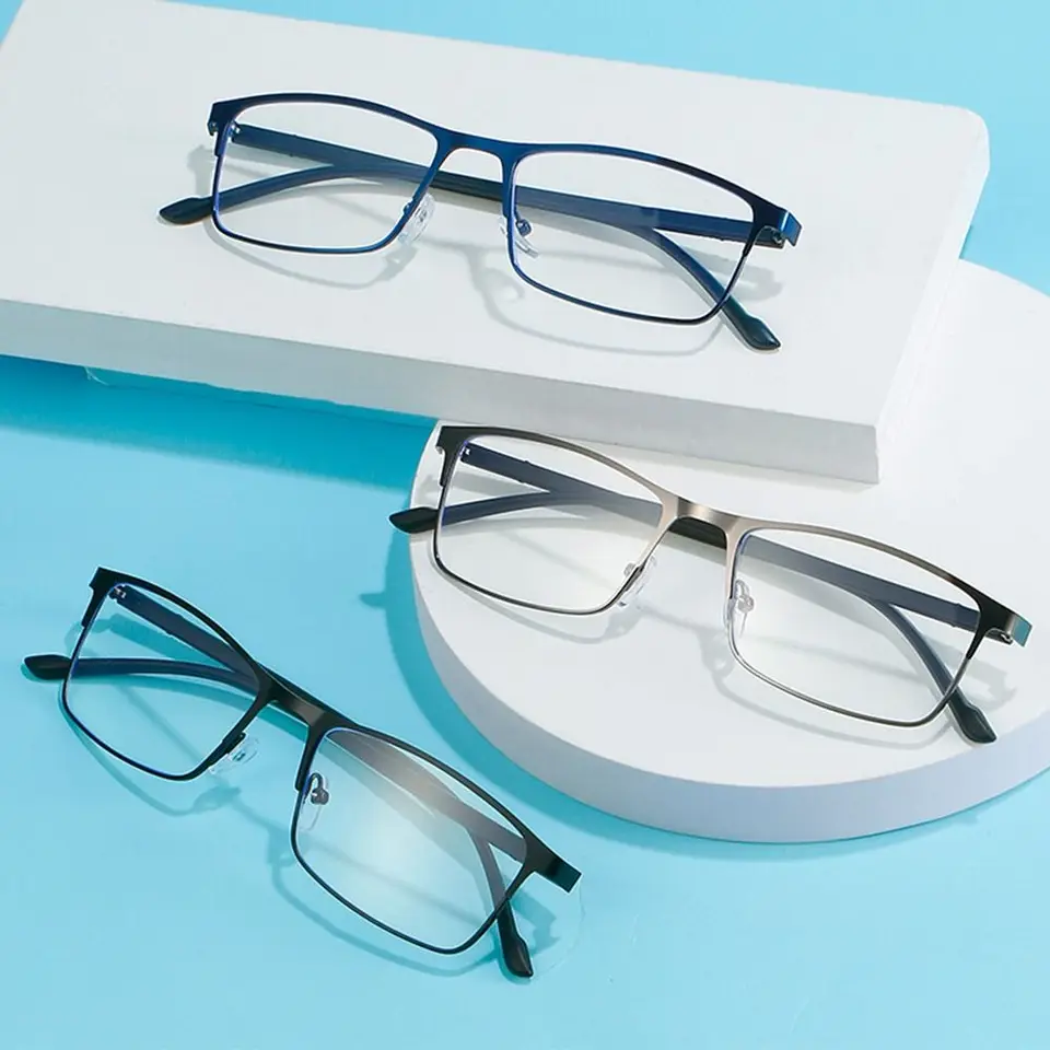 Módne anti -modré svetlé okuliare Myopia Women Men Business kovové okuliare s plným rámom -150 -200 -250 -300 -350 -400 -450 -500