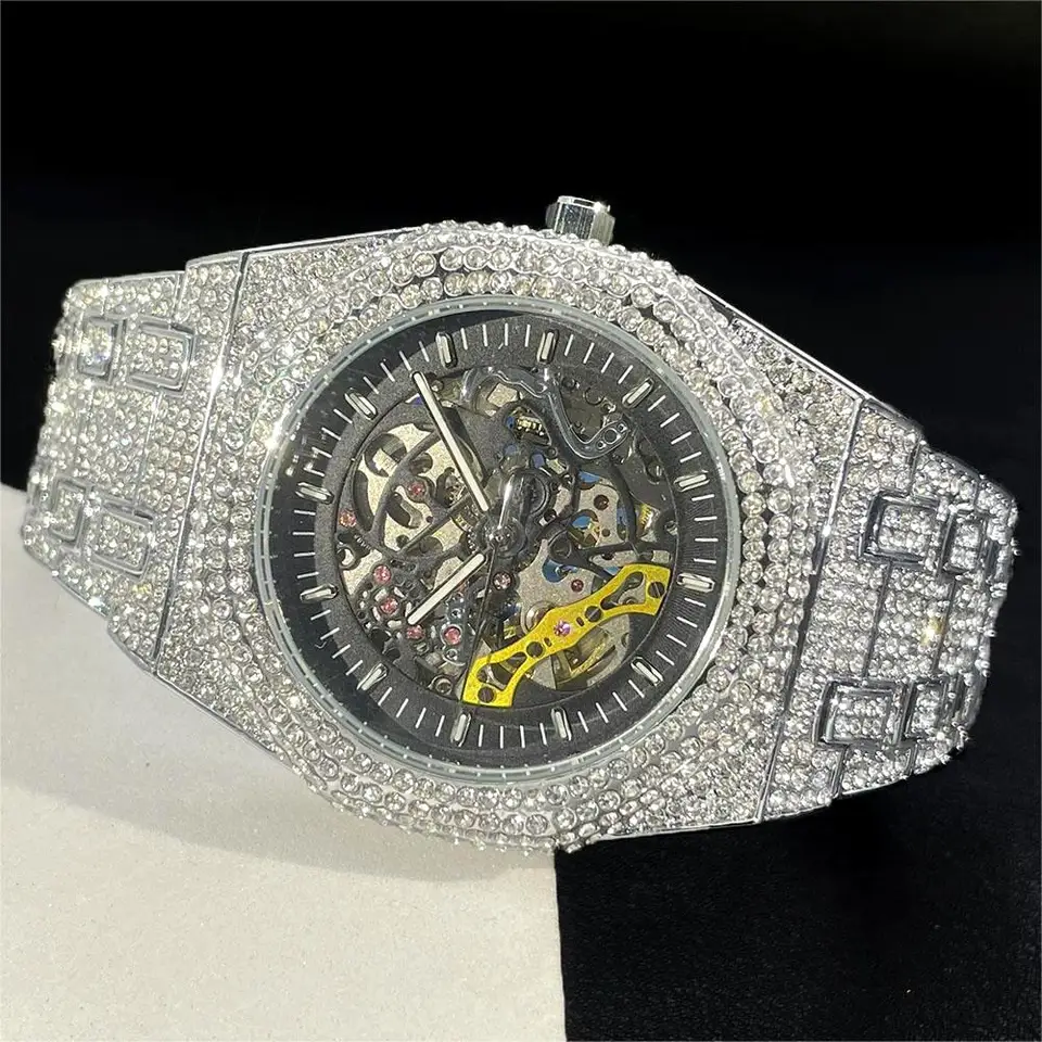 Módne automatické hodinky pánska značka Missfox Luxury z nehrdzavejúcej ocele Hip Hop Diamond Mechanical Wristwatch Muž reloj hombre