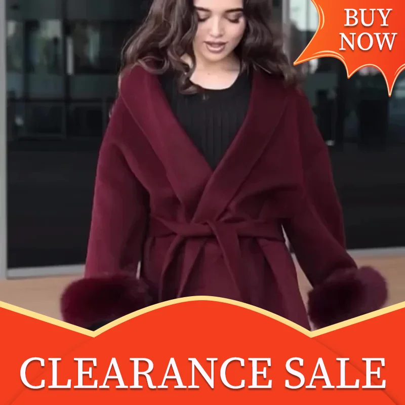 Módne burgundské kožušinové zostrihové pásy vlnené kabáty dámske dámske elegantné voľné plodiny s dlhým rukávom 2025 Nová dáma Chic Streetwear