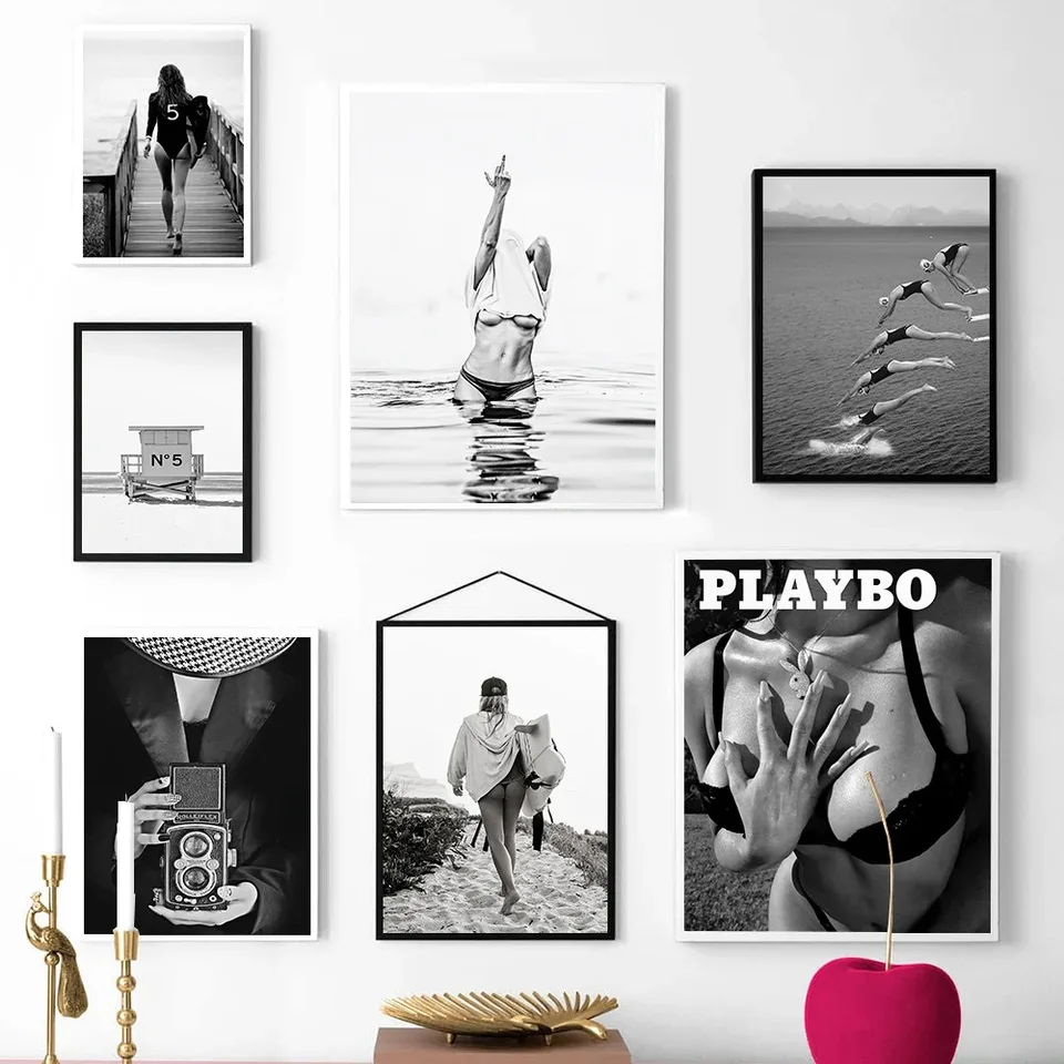 Módne dievča čierne biele fotografie plagáty tlač Vintage Sexy plávajúca žena Art maľba retro more moderné obrázky domáca izba dekor
