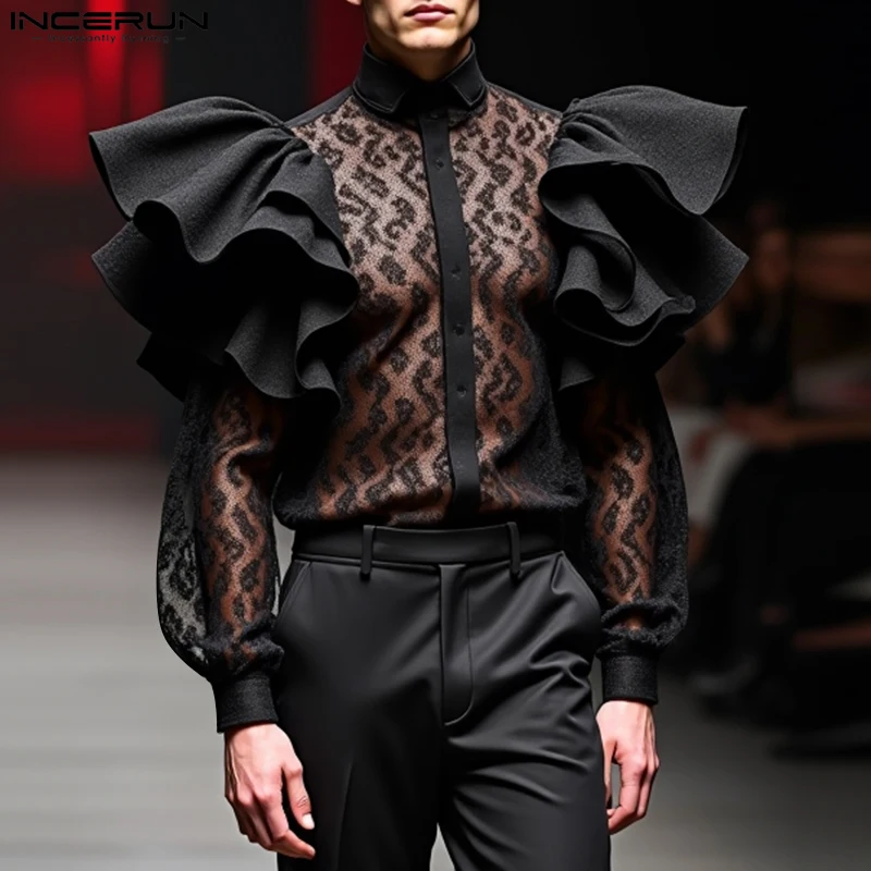 Módne dobre vybavené vrcholy Incerun nových mužov prešpinené čipky Patchwork Design Design Cast Clubwear Solid Solid s dlhým rukávom S-5XL