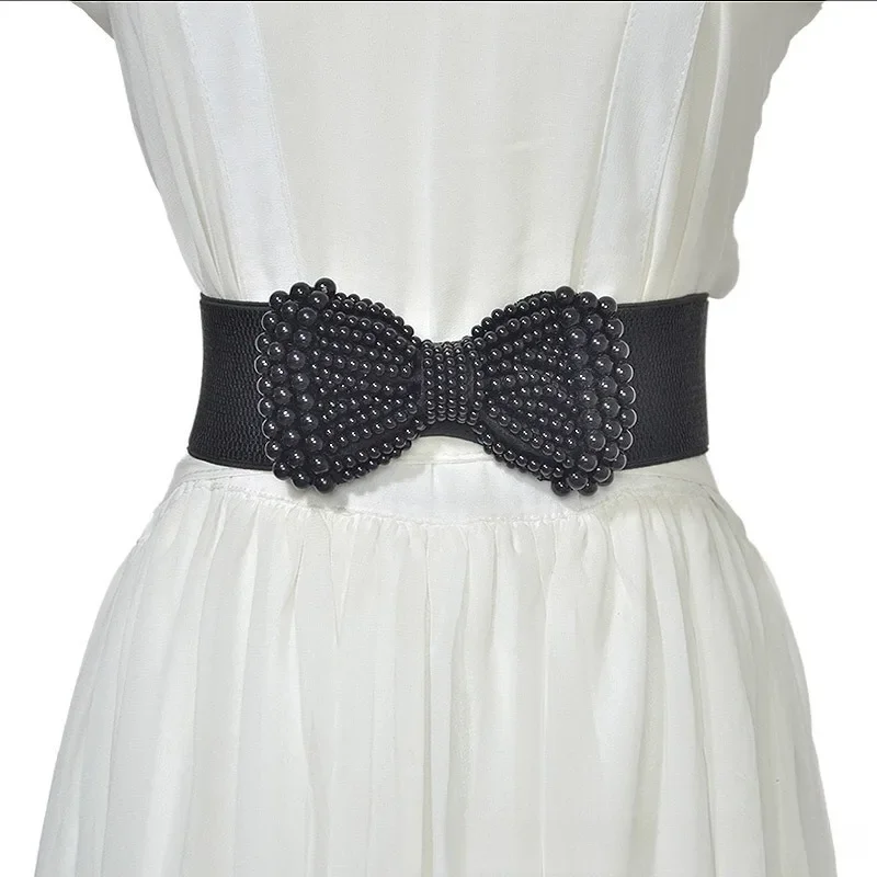 Módne dámske dekoratívne šaty pás Butterfly Knot Pearl Elastic Elastic pás Dámsky elastický široký pás Široký pás