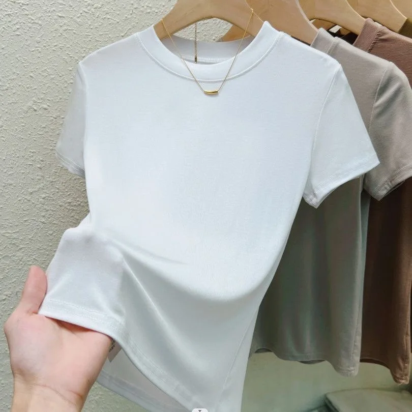 Módne dámske tričko Summer posádka krk ulica Príležitostné tričko Tričko Solid Plus veľkosť Top Top Tees Sexy tenký tenký rukáv Dámske oblečenie