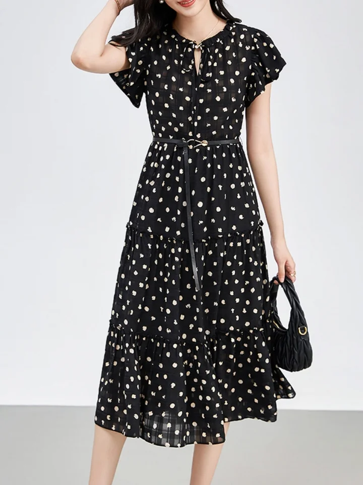 Módne dámske šaty šnurovacie šnurovacie nosníky Ztišenie letu lietajúca s krátkym rukávom Polka dot tlače Príležitostné dámske oblečenie s opaskom