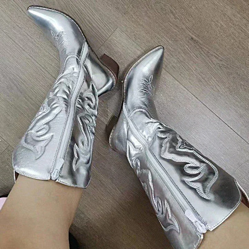 Módne kovbojské ženy 2023 kovboj krátke členkové topánky pre ženy chunky päty cowgirl topánky vyšívané stredné lýtkové západné topánky horúce