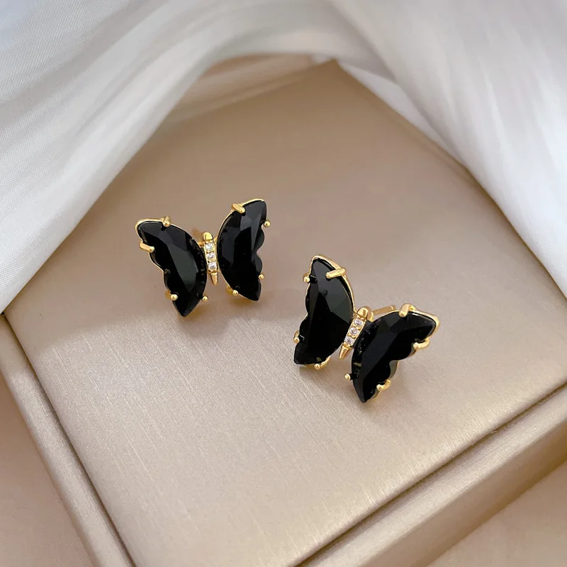 Módne krištáľové sklo Butterfly Stud náušnice pre ženy nové čierne priehľadné farebné zvieracie šperky vianočné dievča darček