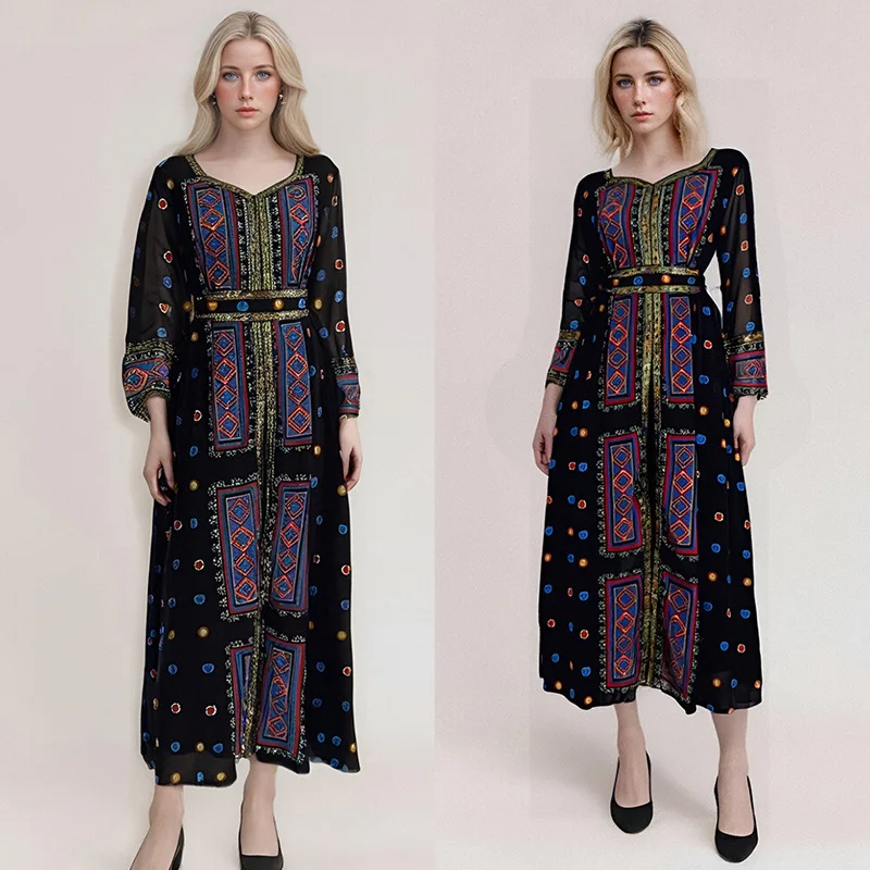 Módne kvetinové moslimské šaty Turecko Abayas Ženy módne rúcho Bohemain Vytlačené slnečné šaty Islamské oblečenie femme vestidos