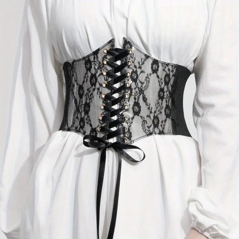 Módne kúzlo široké korzetové pásy pre ženy sexy čipky priehľadné ženské nastaviteľné pásy Bustiers Pu Leather Girdle GM104