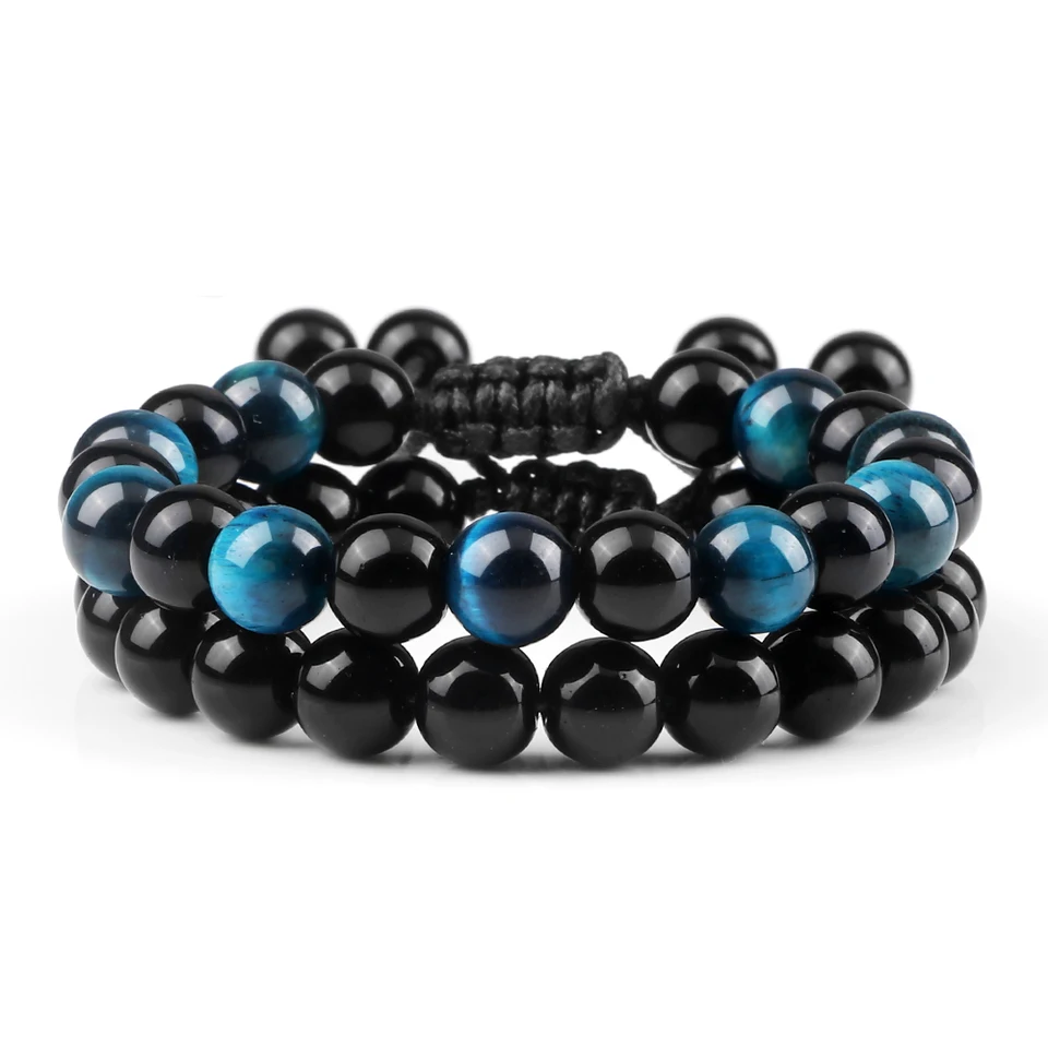 Módne muži náramok sada prírodných čiernych obsidián Tiger Eye Eye Ocle O náramky páry modlitebné náramky Ženy Duše Liečba šperkov