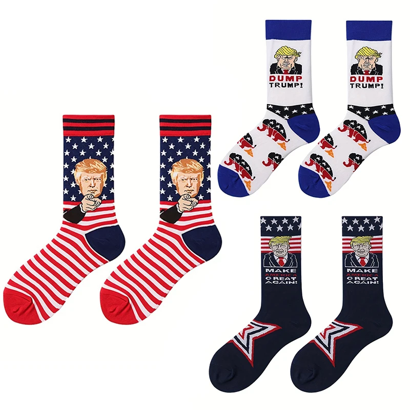Módne muži Prezident Donald Trump ponožky Novinka vtipný muž Harajuku Streetwear Hip Hop Sokken American USA Vlajka Jacquard