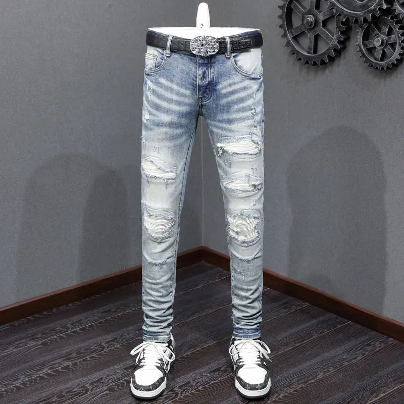 Módne nové pánske džínsy Stretch Slim Fit retro svetlo modrá patchwork biele patch džínsy High Street Chic Brand Pants Hombre