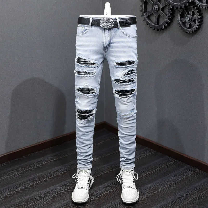 Módne nové svetlo modré džínsy s úsekom, štíhle fit, umývané a zostrihané kožené džínsy navrhnuté značkou High Street Hip-Hop,
