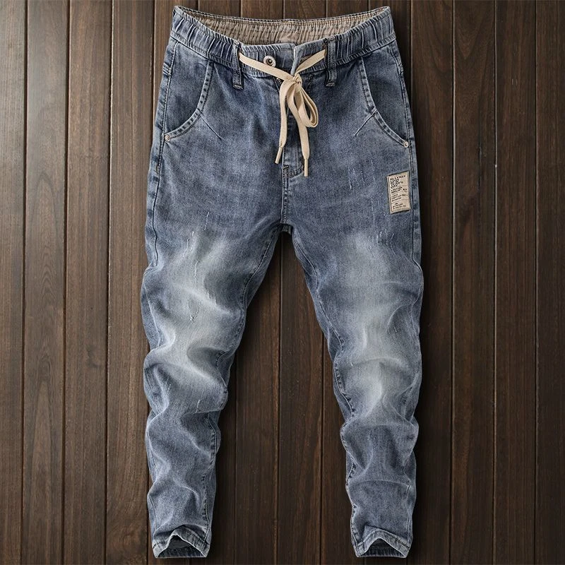 Módne návrhárske džínsy pre mužov natiahnuté pásové pásmo Elastic Band Príležitostný priateľ natiahnuté džínsové nohavice jogger harem nohavičky Muž