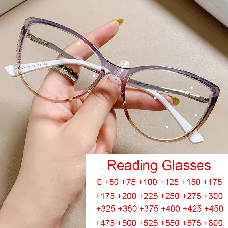 Módne okuliare mačacie očné okuliare Ženy anti modré svetlo Presbyopia Čítanie okuliare Biele nohy Gradientné okuliare zrak 0 až +6.0