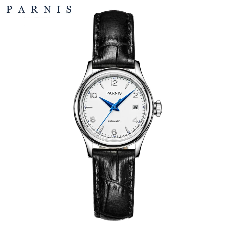 Módne parnis 26 mm strieborné puzdro Mechanické hodinky Ženy zafírové sklo kožené popruhy Dámske kalendár automatické luxusné hodinky