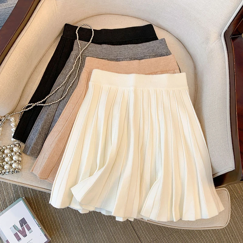 Módne pletené skladané mini sukne ženy Preppy štýl Kórejský vysoký pás sukňa jesenná zimná zimná elegantná celá čierna sukňa