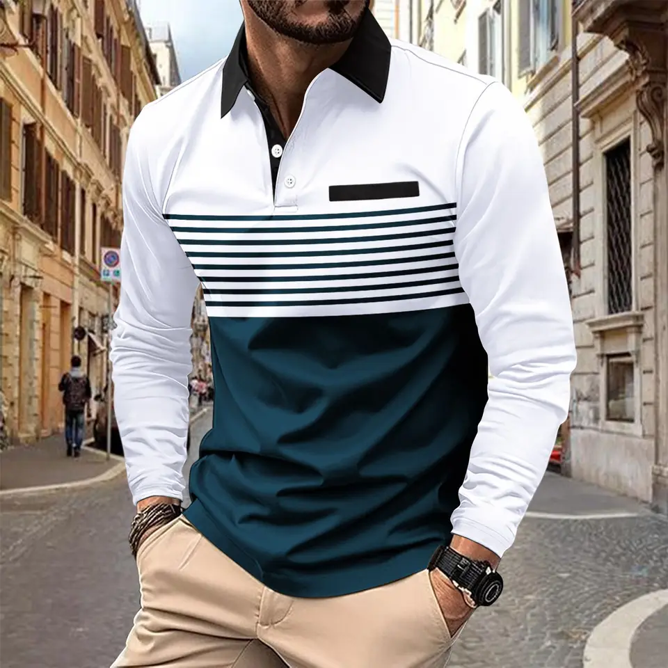 Módne pruhované vzory Pánske tričká Polos 6xl plus veľkosť dlhého rukávu High Street 3D tlač póla vrcholy Spring Autumn Casual Tee Tee