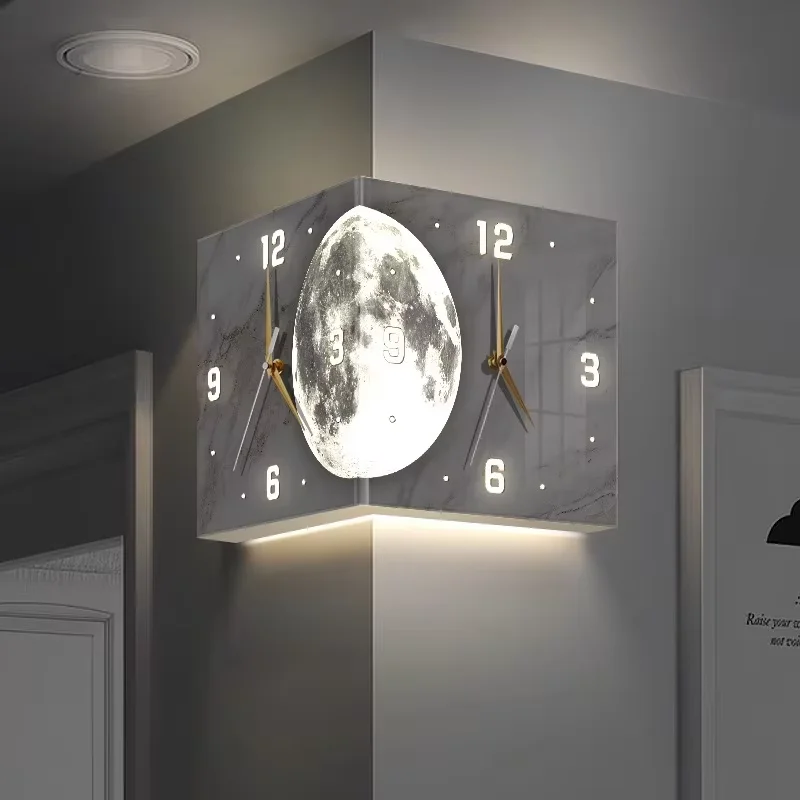 Módne rohové nástenné hodiny obojstranný kreatívny LED hodiny nástenné svetlo Mesiac obývacia izba dekorácia digitálne 3D hodiny