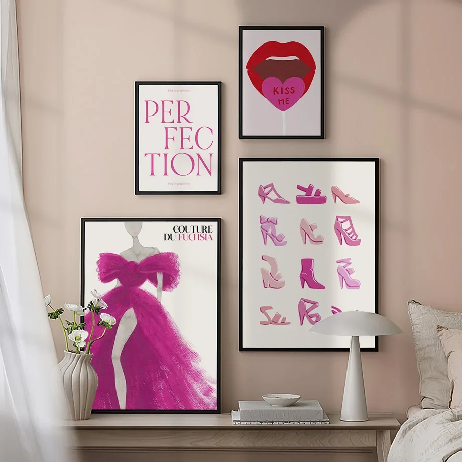 Módne ružové šaty dievča červené srdce bozk vysoký podpätok Watercolor Wall Wall Art obývacia izba dekor plagát a výtlačky plátno maľba Obrázok