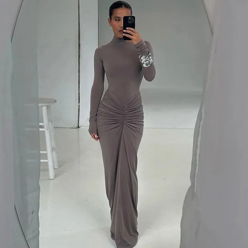 Módne skladané patchwork dlhé šaty Ženy Vysoký pás s dlhým rukávom Slid Slim Slim Party šaty 2024 Jeseň Žena maxi šaty Vestido