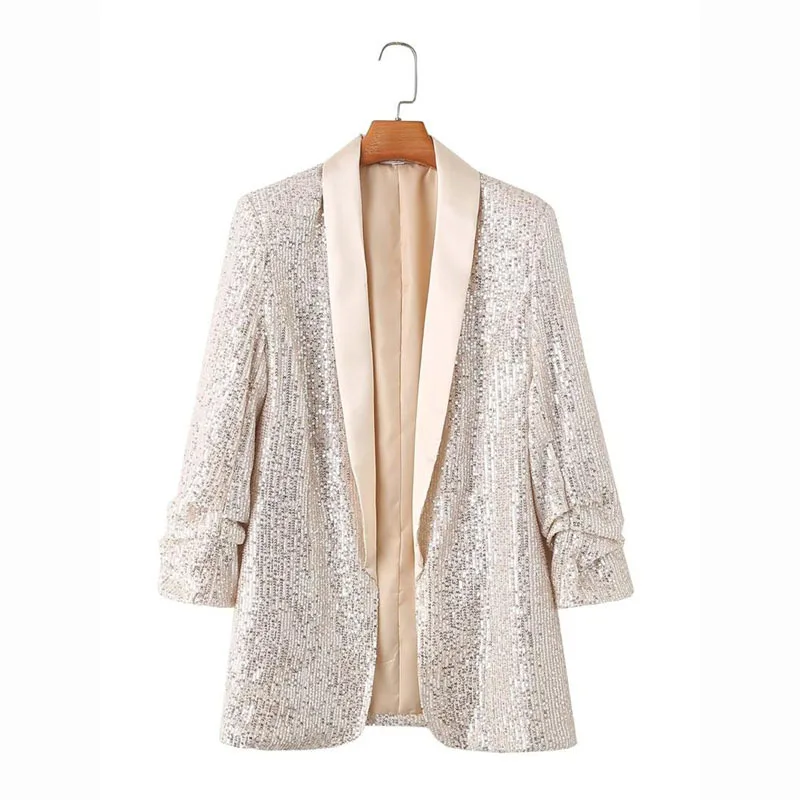 Módne strieborné flitry obleky bunda Ženy Cardigan Coat Spring Autumn