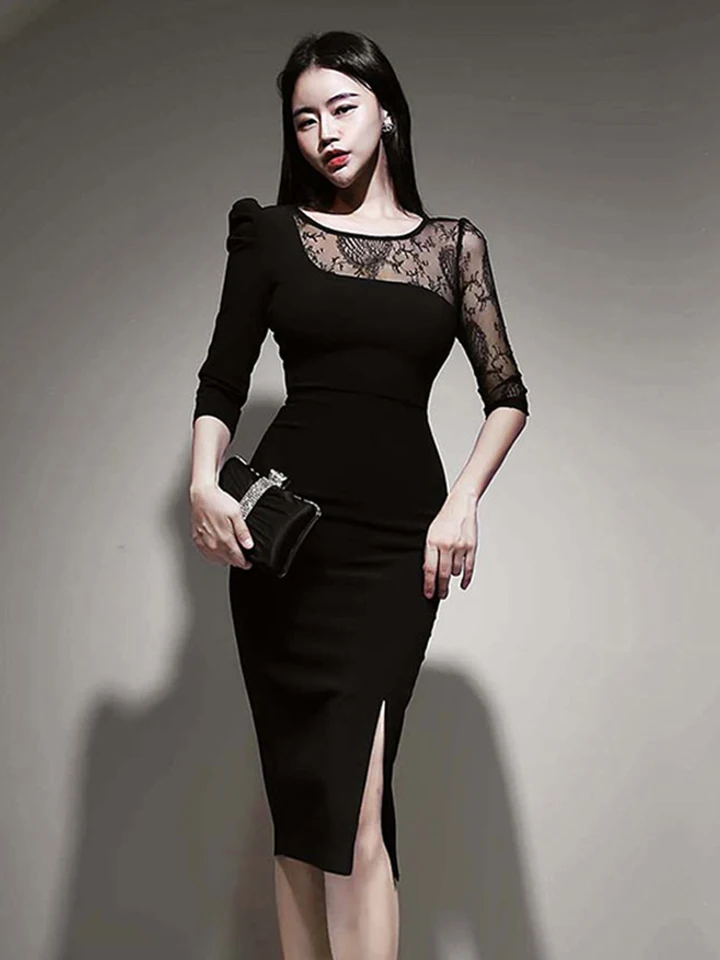 Módne vinobranie O-krk Split Midi Party Club šaty Ženy Elegantné sexy čipky Perspektíva Skinny Bodycon Black Wimate Cencil Dress
