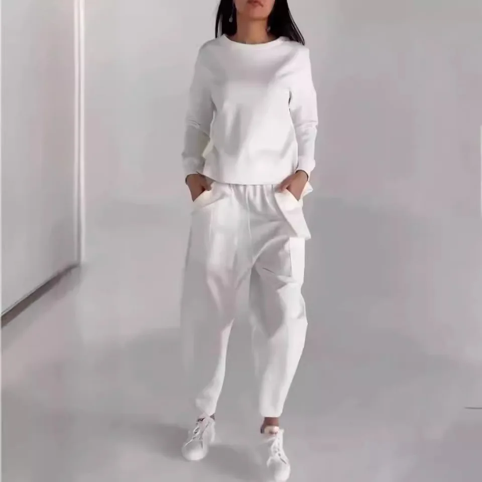 Módne vreckové harémové nohavice Dvojdielne súpravy Ženy Príležitostné voľné zadné šnurovanie Topy Tops Outfits Autumn Winter Sports Suit White