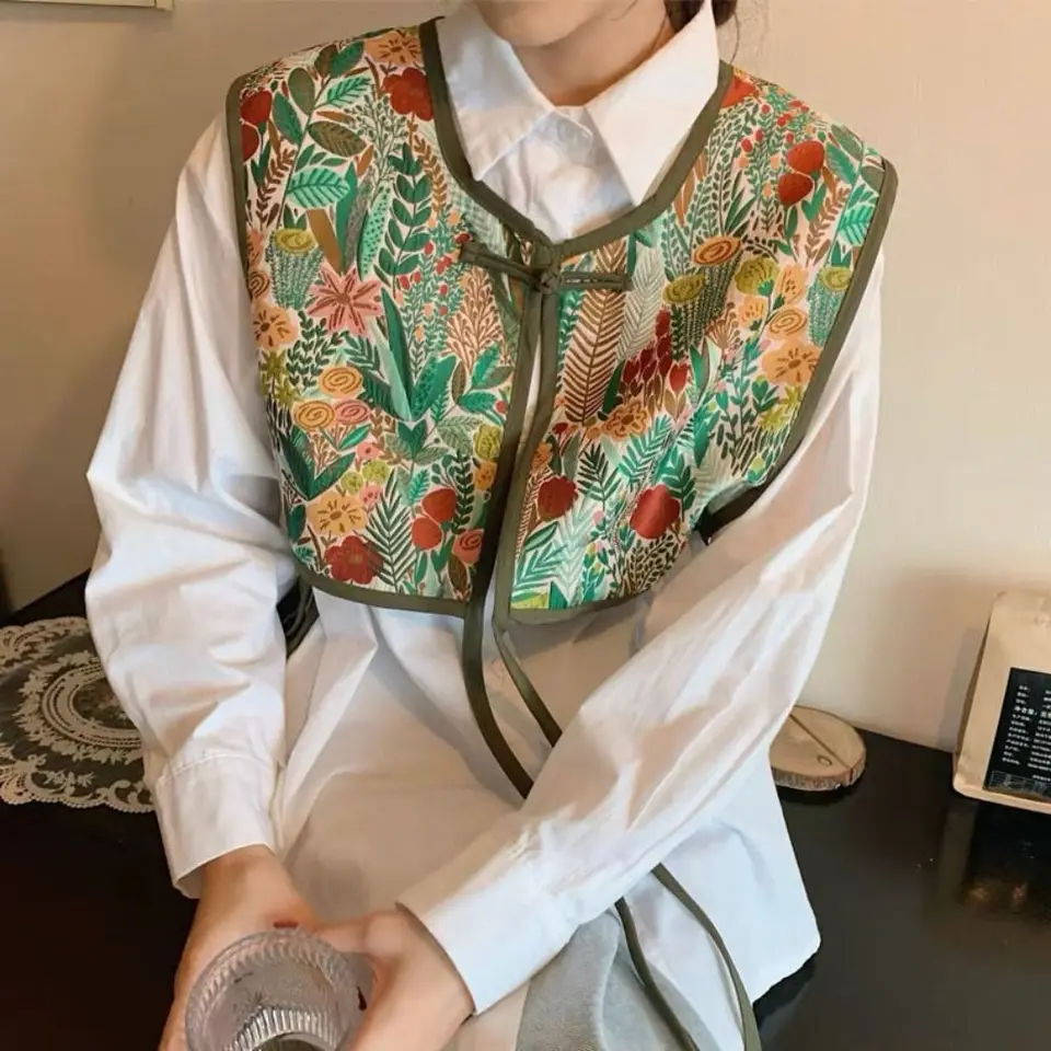 Módne vyšívacie ramenné zábaly Chic Odnímateľný kvetinový šál Vintage košeľa falošný golier pre ženy vyšívaná tlačová vesta