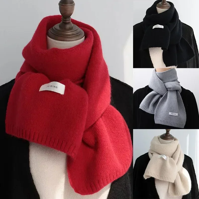 Módne zimné ženy pevná farba šál veterný kryt krku pletená hustá hustota Warm Kórejský vintage červené šatky dievča vianočné darčeky