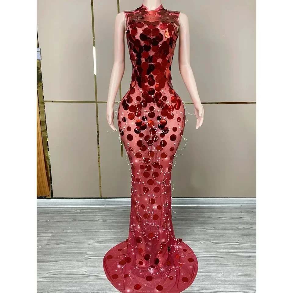 Módne čierne okrúhle flitre Pozerajte sa cez sieťové dlhé šaty biele perly straty Tassel Party Wear Singing Dancing Stage Performance Performance Costy