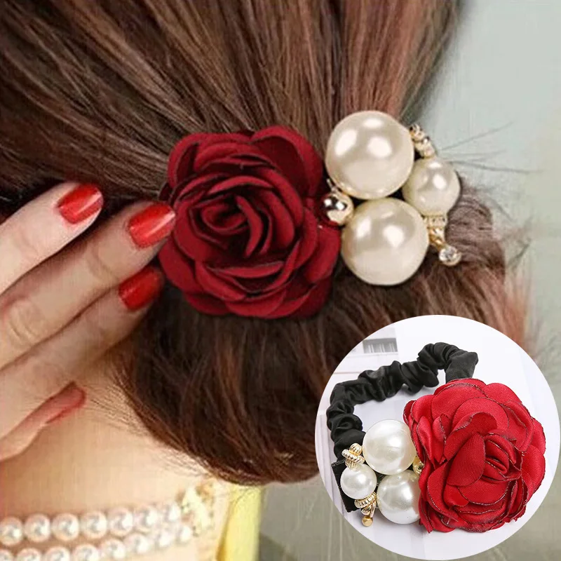 Módne ženy ružové elastické scrunchies vlasové pásy veľké kvetinové kamienky perly kvetinové vlasy gumové gumové copy
