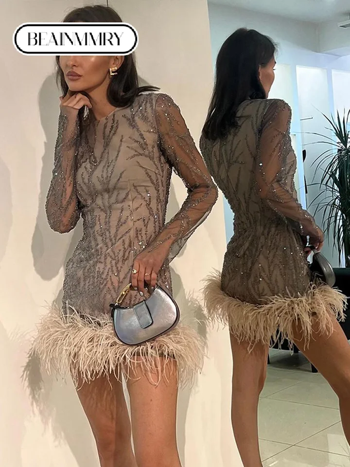 Módne ženy tlačené mini šaty elegantné číry dlhý rukáv okrúhly krk 3D strapce Slim Vestidos 2025 jarné ženské party klubové šaty