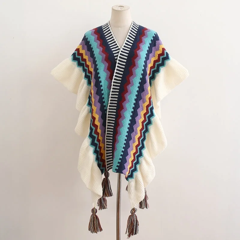 Módne ženy udržiavajú teplé Poncho Shawl Rufle Farba Zodpovedajúce plášť České čelo Tassel Knitwear Cape Coats Streetwear šál sveta