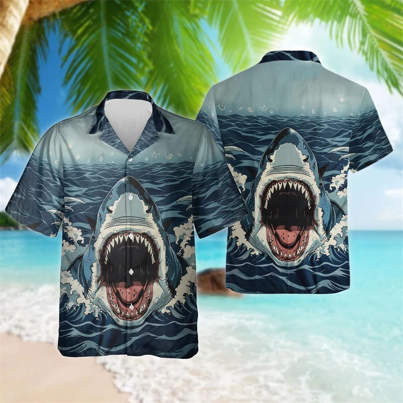 Módne žralok 3D tlačené košele pre mužov oblečenie hip hop mužské streetwear vtipné zviera s krátkym rukávom morské zviera klopné blúzky Tops