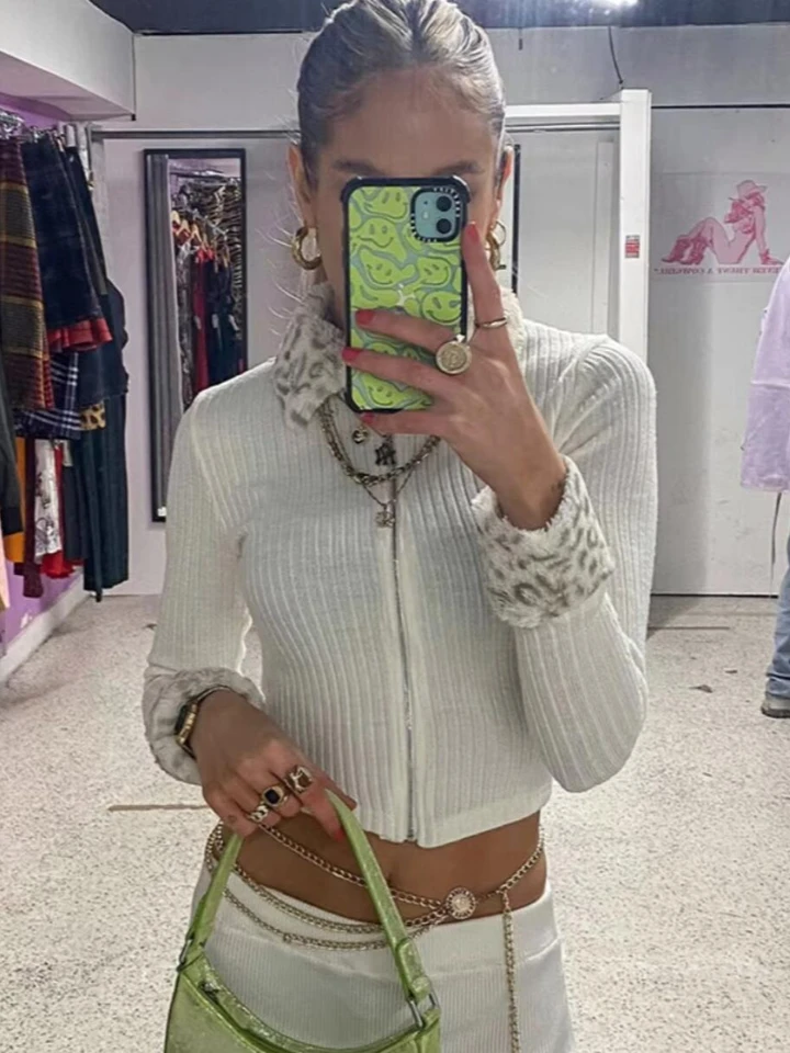 Módny leopard tlač biele pletené vesty Tričko Casy Sexy Turnwow Collar Swear Sweater Skinny Crop Tops Tops pletene