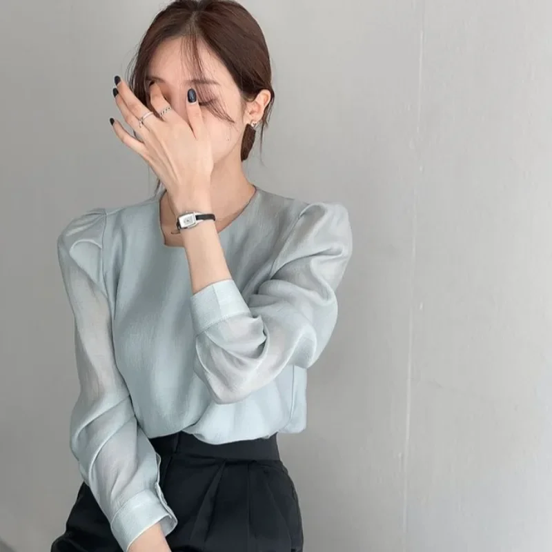 Módny okrúhly krk všestranný s dlhým rukávom biela perspektíva košeľa camisas blúzka voľné vrcholy Mujer Sun Sunscreen Blusas nové