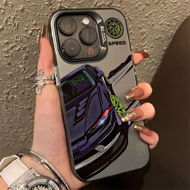 Módny tlačný automobil proti kvapkaniu telefónu pre iPhone 13 14 11 12 15 Pro Max SE2 7 8 plus x xr xs farebný striebro IMD Tvrdý kryt