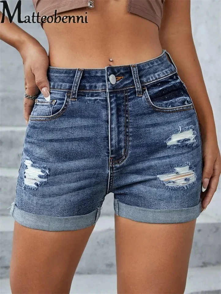 Módny trend rozbité diery tri štvrtiny nohavice letné dámske dámske príležitostné streetwear Slim Fit Button zostrihanie džínsoviny džínsové šortky ženské nové