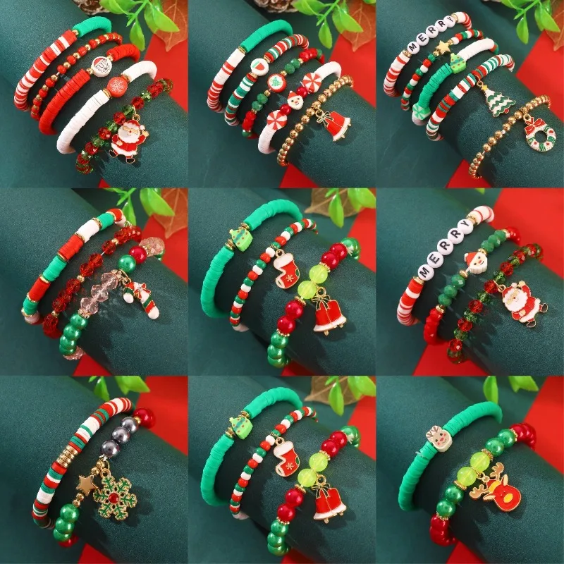 Módny vianočný náramok pre ženy Kreatívne viacvrstvové polymérne polymérny náramok Clay Santa Claus Snowflake Tree kúzlo židovský darček