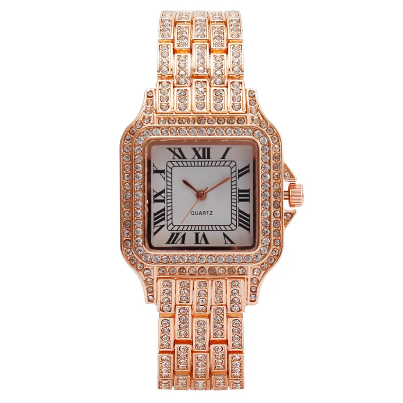 Módny štvorcový rímsky vzor Diamond Inlaid Dámske hodinky, dámsky náramok, dámsky Quartz Watch