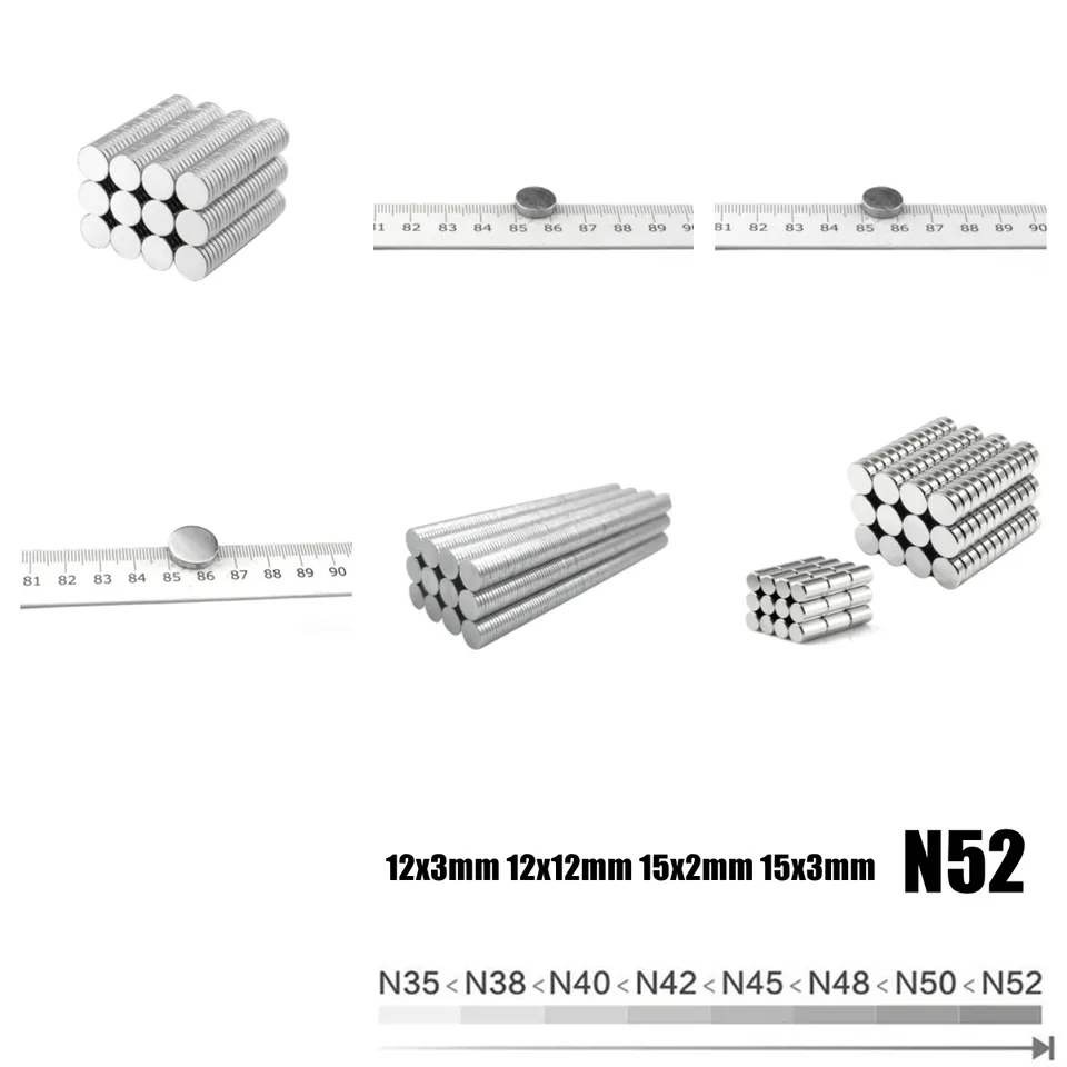 N52 Round Magnet 12x3mm 12x2mm 15x2mm 15x3mm magnet Permanentný Ndfeb Super silné silné magnety 12 mm 15 mm